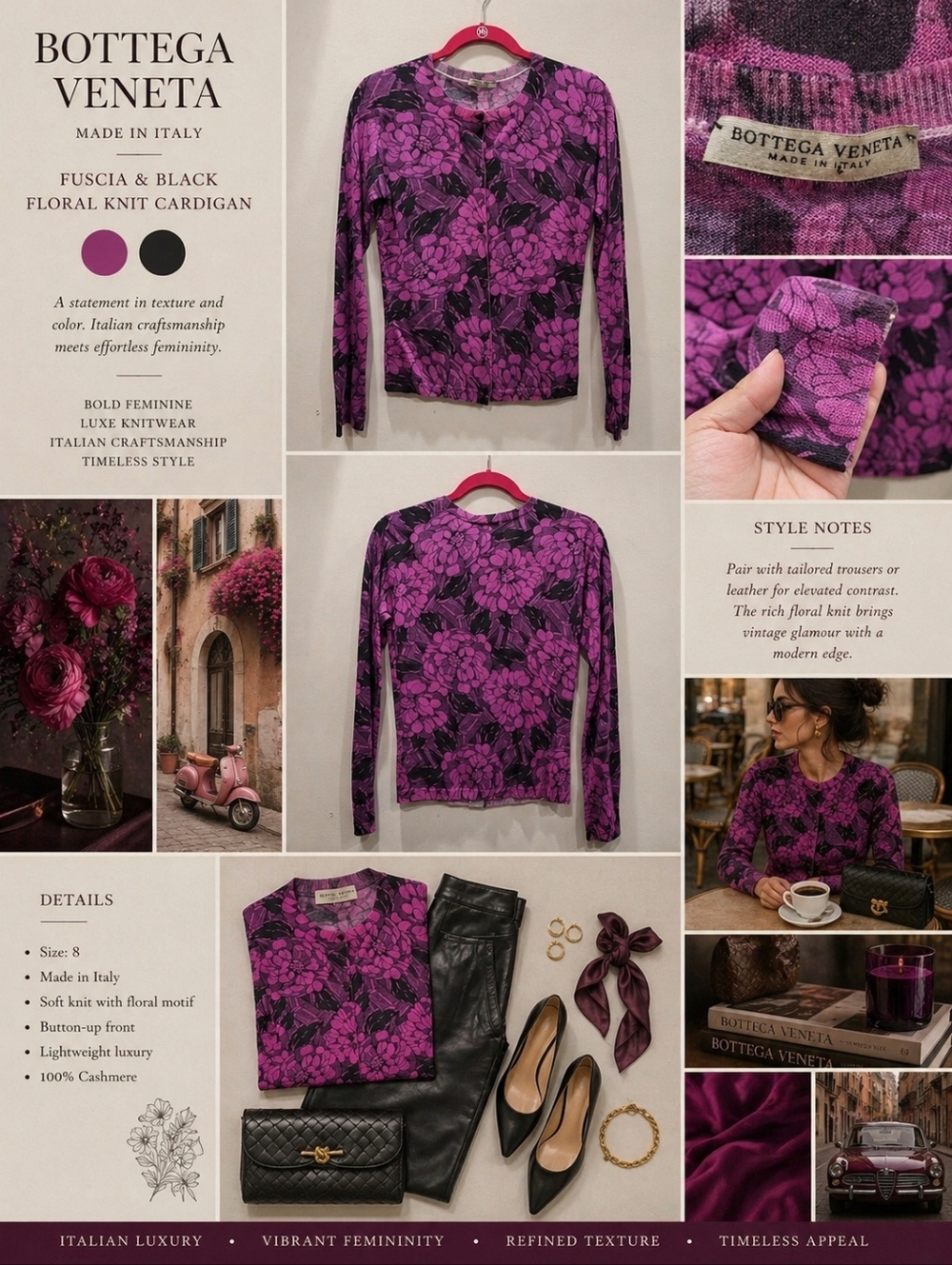 Sz 8 Bottega Veneta Knit Cardigan Made In Italy Black Magenta Floral Motif